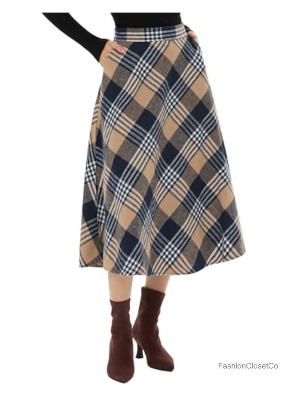 Long Plaid Skirt Wool Blend High Waisted A-Line Flared Maxi